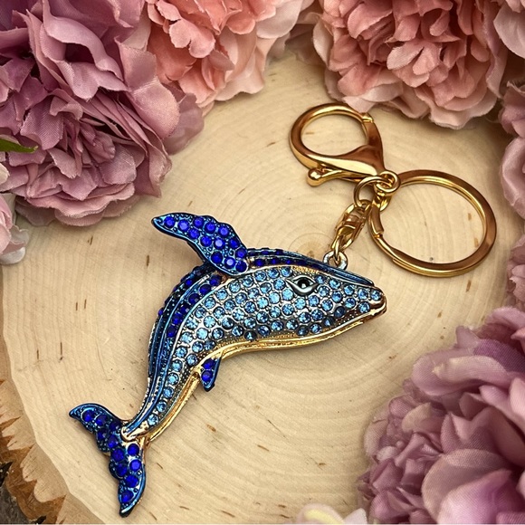 Blue and Gold Crystal Whale Keychain Charm - Picture 9 of 16